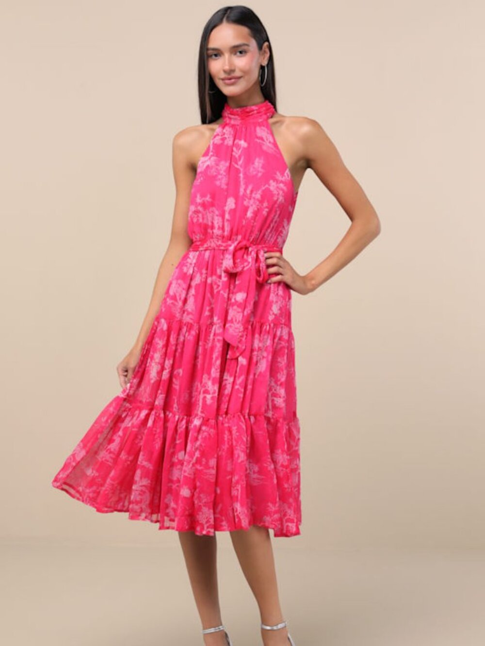 Lulus Float To You Hot Pink Floral Print Halter-neck Tiered Midi Dress - Size M